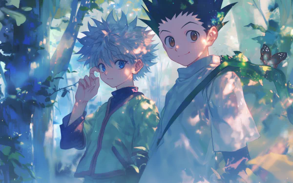 HD desktop wallpaper featuring animated characters Gon Freecss and Killua Zoldyck from Hunter x Hunter, standing in a forest with dappled sunlight filtering through the trees.