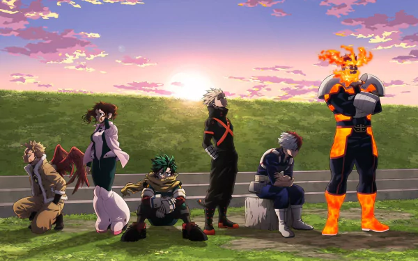 HD PC desktop wallpaper featuring characters from the anime My Hero Academia standing against a vibrant sunset sky with a grassy field backdrop.