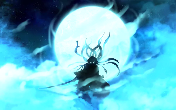 A stunning HD desktop wallpaper featuring Muichiro Tokito from the anime Demon Slayer: Kimetsu no Yaiba, standing in front of a glowing full moon with ethereal clouds surrounding him.