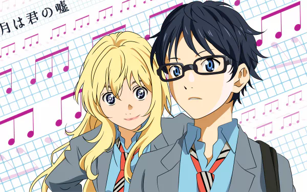 HD desktop wallpaper featuring Kousei Arima and Kaori Miyazono from the anime Your Lie in April. They are in school uniforms with a background of musical notes and text in Japanese.