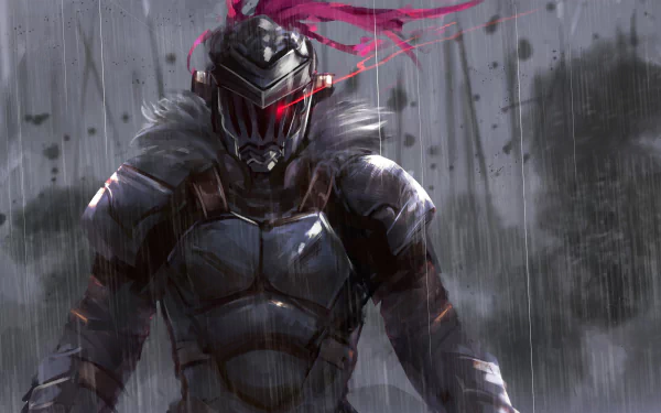 HD wallpaper depicting an anime character from Goblin Slayer in detailed armor and helmet, standing in the rain with a stern, intense expression.