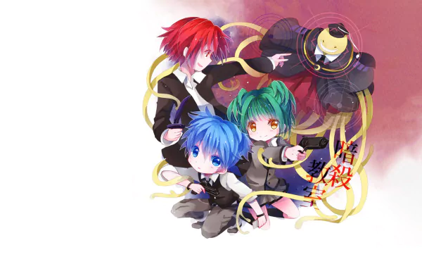 HD desktop wallpaper featuring Kaede Kayano, Karma Akabane, Nagisa Shiota, and Koro-sensei from the anime Assassination Classroom. The characters stand together with a dynamic and colorful background.