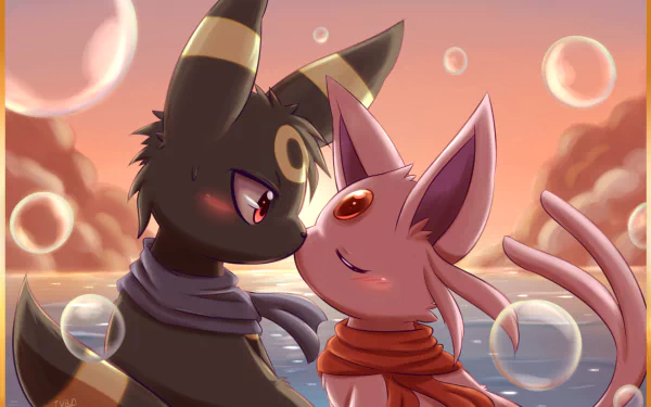 HD wallpaper of Espeon and Umbreon, two Pokémon from the Eeveelutions, sharing a tender kiss against a serene sunset backdrop with floating bubbles, illustrating a moment of love.