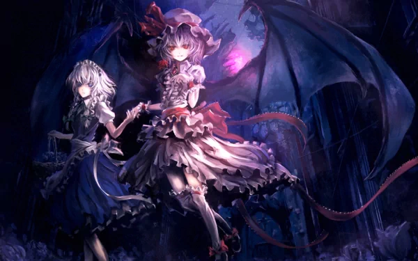 HD desktop wallpaper featuring Sakuya Izayoi and Remilia Scarlet from Touhou. Remilia has wings and red eyes, dressed as a vampire. Both appear in detailed maid outfits with a dark and mystical background.