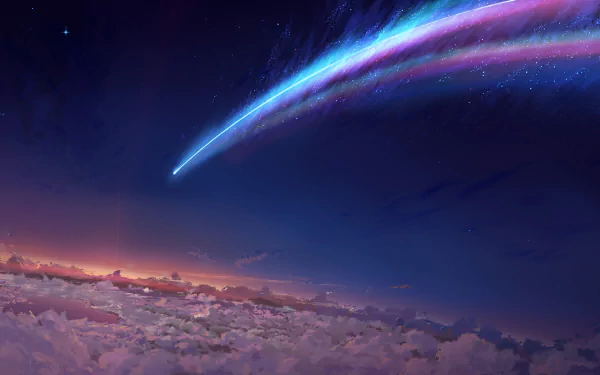 A stunning HD anime desktop wallpaper featuring a vibrant sky with a streaking comet from Your Name. Illuminates the clouds and horizon with an otherworldly glow.