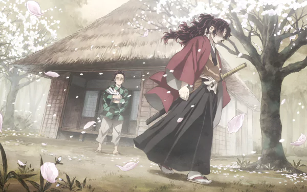 4K Ultra HD Anime wallpaper from Demon Slayer: Kimetsu no Yaiba, featuring characters in a serene, blossom-filled rural setting outside a traditional thatched house.