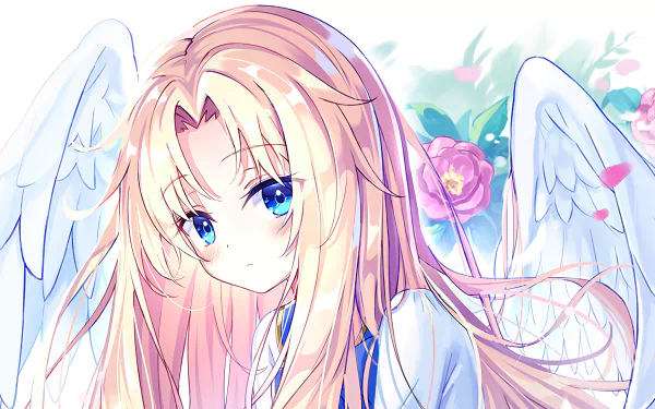 Filo from *The Rising of the Shield Hero* is depicted with angelic wings against a soft floral background in this HD anime wallpaper.