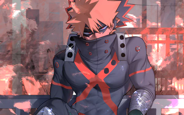 HD PC desktop wallpaper featuring Katsuki Bakugou from My Hero Academia, depicted in his hero costume with an intense, determined expression.