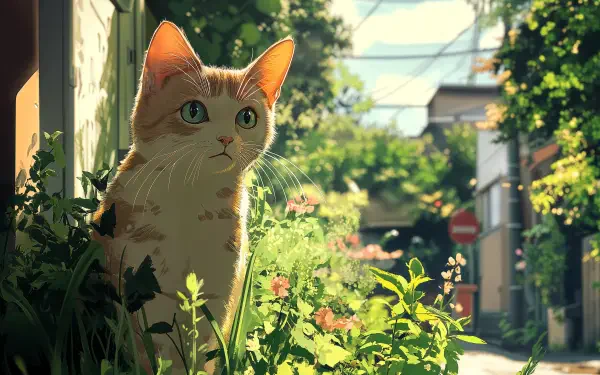 Anime-style cat sitting among greenery in a sunlit neighborhood, rendered in 4K Ultra HD for PC desktop wallpaper and background.