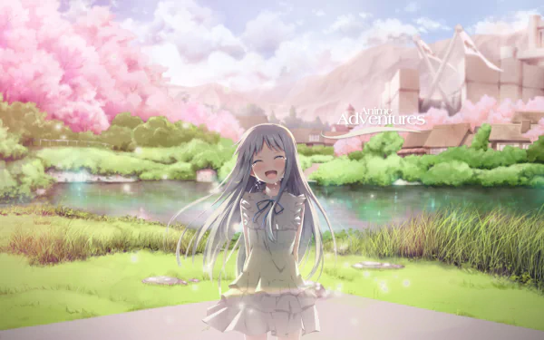 HD desktop wallpaper featuring Meiko Honma with white hair, crying by a scenic riverbank with pink cherry blossoms, from the anime Anohana.