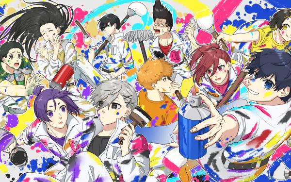 Vibrant 4K Ultra HD Blue Lock anime wallpaper featuring an energetic group of characters in colorful paint-splattered outfits against a dynamic, multicolored background.