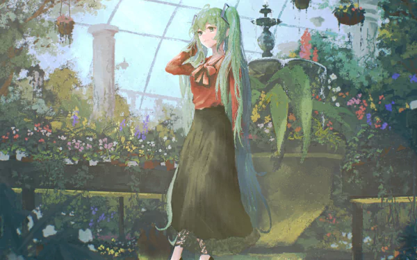 A 4K Ultra HD anime-style desktop wallpaper featuring Hatsune Miku from Vocaloid, standing gracefully in a lush, flower-filled greenhouse with soft, natural lighting.