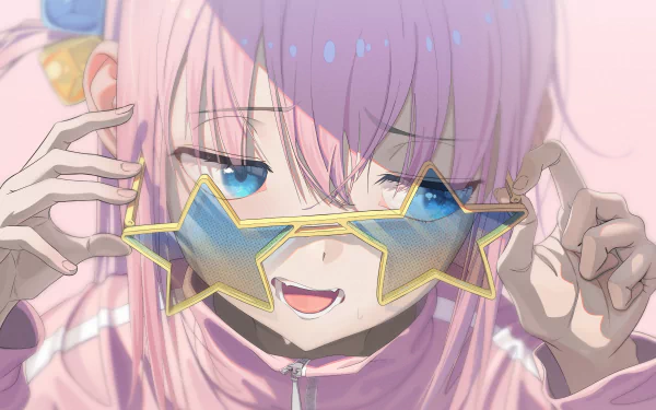 Close-up of Hitori Gotou from Bocchi the Rock! wearing star-shaped glasses, rendered in vibrant colors for a 4K Ultra HD PC desktop wallpaper.