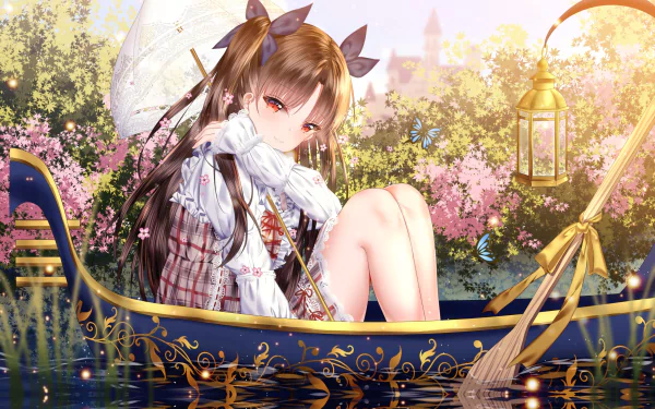 HD desktop wallpaper featuring Anime character Ishtar from Fate/Grand Order, sitting in an ornate boat with a serene floral background.