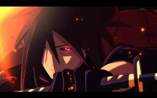 HD desktop wallpaper featuring Madara Uchiha from Naruto anime, showcasing his intense Sharingan eyes and warrior stance with a sword, against a dramatic, fiery background.