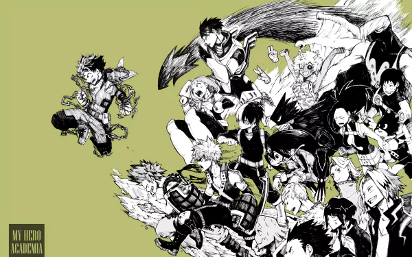 An engaging My Hero Academia anime wallpaper featuring characters in dynamic poses against a vibrant green background, showcasing its detailed 4K Ultra HD art style.
