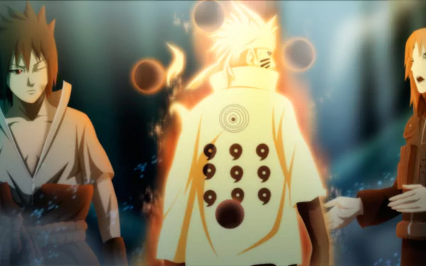 HD desktop wallpaper featuring Sakura Haruno, Sasuke Uchiha, and Naruto Uzumaki from the anime Naruto. The background showcases a dramatic and intense moment with vibrant lighting effects.