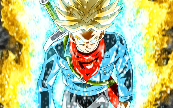 HD wallpaper featuring Trunks from Dragon Ball Super in Super Saiyan Rage form, surrounded by fiery energy, from the popular anime series Dragon Ball.