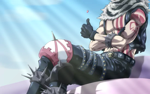 HD wallpaper featuring Charlotte Katakuri from the anime One Piece, set against a light sky background with rays of sunlight. Katakuri is seated confidently, showcasing his muscular build and unique attire.