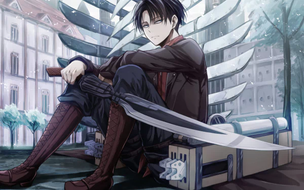Anime HD wallpaper featuring Levi Ackerman from Attack on Titan. Levi, with blue eyes and black hair, is sitting with a large sword, set against a detailed cityscape background.
