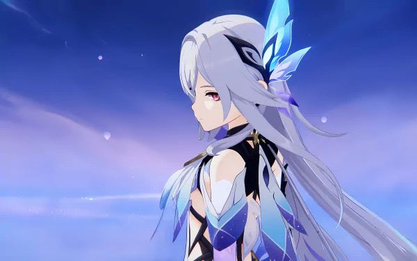 Anime-style waifu character from Genshin Impact with flowing silver hair and blue butterfly accessory, rendered in 8K Ultra HD for PC desktop wallpaper and background.