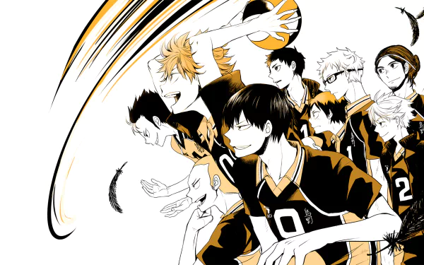 HD desktop wallpaper from the anime Haikyū!! featuring characters Tadashi Yamaguchi, Kei Tsukishima, Ryuunosuke Tanaka, Koushi Sugawara, Daichi Sawamura, Yū Nishinoya, Tobio Kageyama, Shōyō Hinata, and Asahi Azumane.