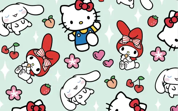 HD desktop wallpaper featuring popular Sanrio characters like Hello Kitty, Cinnamoroll, and My Melody from Onegai My Melody, set against a vibrant and playful backdrop.