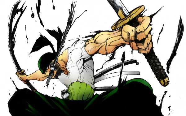 HD desktop wallpaper featuring Roronoa Zoro from One Piece in a dynamic Santoryu pose, wielding three swords with intense focus against a white background with black brushstroke elements.