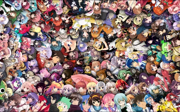 HD desktop wallpaper featuring a vibrant crossover of numerous anime characters, creating a colorful and detailed background.