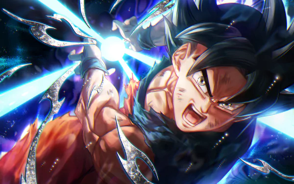 HD desktop wallpaper featuring Goku from Dragon Ball Super, showcasing an intense battle scene with vibrant energy beams and dynamic action.