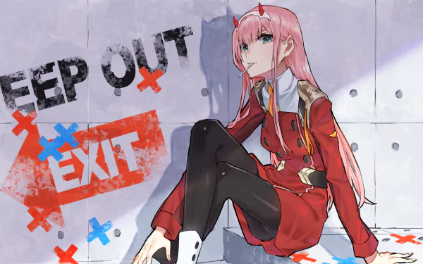 HD desktop wallpaper featuring Zero Two from Darling in the FranXX anime, characterized by her pink hair and blue eyes, seated against a wall with KEEP OUT and EXIT signs.