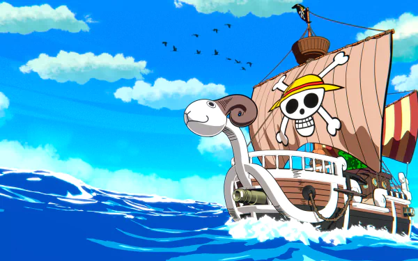 HD wallpaper of Going Merry ship from One Piece sailing under a blue sky.