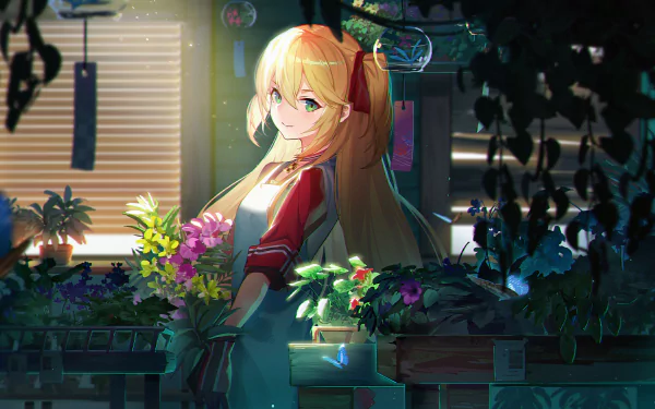 HD desktop wallpaper featuring Admiral Hipper from Azur Lane, depicted with a gentle smile in a vibrant flower shop filled with lush greenery and colorful blooms.