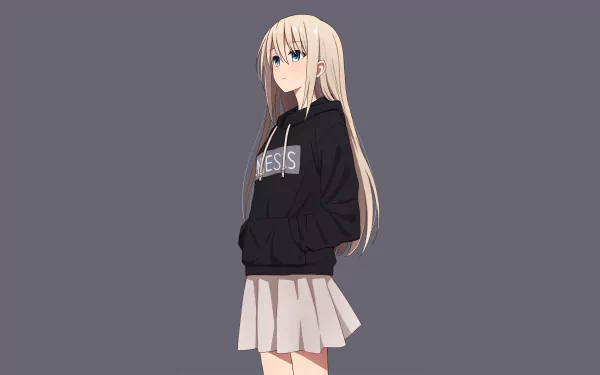 HD desktop wallpaper featuring an anime girl with long blonde hair and blue eyes, wearing a black hoodie and a light-colored skirt, set against a plain gray background.