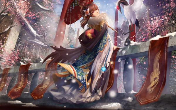 HD desktop wallpaper featuring an anime girl in a vibrant kimono, standing on a snowy bridge under cherry blossoms.