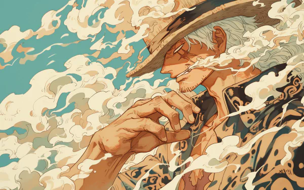 A dynamic HD desktop wallpaper featuring a character from the anime One Piece in Gear 5, surrounded by stylized smoke with a confident expression.