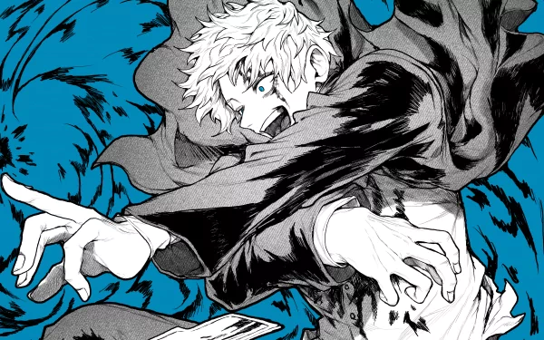 HD desktop wallpaper featuring Satoru Gojo from the anime Jujutsu Kaisen in a dynamic black and white action pose against a vibrant blue background.