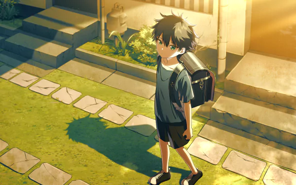Megumi Fushiguro from Jujutsu Kaisen stands outdoors at sunset in this 4K Ultra HD anime desktop wallpaper with warm lighting and detailed background.