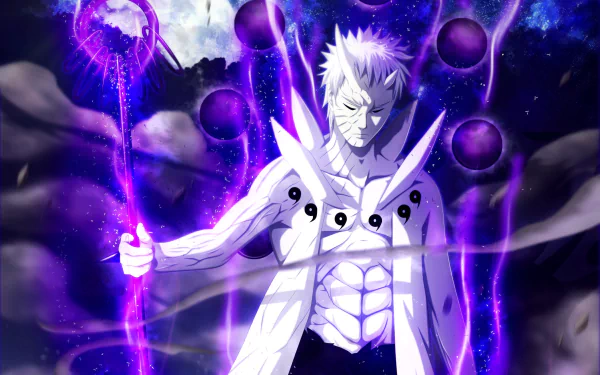 A striking HD desktop wallpaper featuring an anime character from Naruto, showcasing a powerful figure amidst a vibrant purple aura and swirling energy in a dramatic scene.
