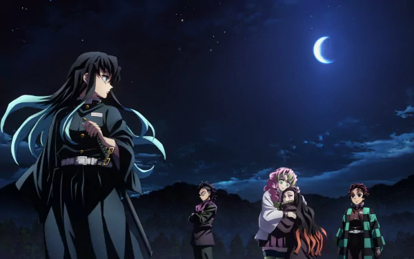 Anime-inspired HD wallpaper from Demon Slayer: Kimetsu no Yaiba, featuring characters against a backdrop of a moonlit night.