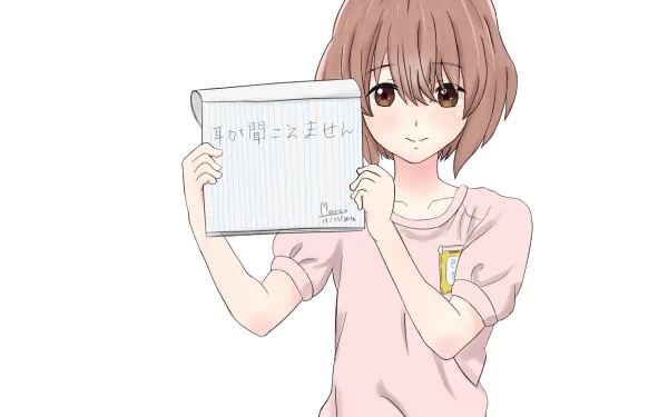 HD desktop wallpaper featuring a character from the anime A Silent Voice, holding a notepad with Japanese writing. The character has short brown hair and is wearing a pink top.
