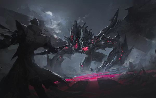 Anime-style dark and intense Yu-Gi-Oh! scene featuring a shadowy figure confronting a massive, glowing red-eyed dragon, rendered in 4K Ultra HD for PC desktop.