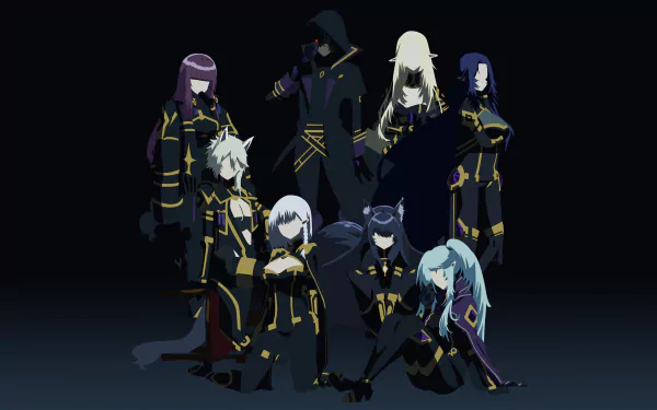HD wallpaper featuring characters Gamma, Cid Kagenou, Alpha, Delta, Epsilon from The Eminence in Shadow anime, showcasing a dynamic and striking pose against a dark background.