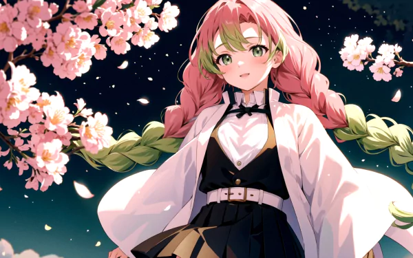 Mitsuri Kanroji from Demon Slayer: Kimetsu no Yaiba stands beneath blooming cherry blossoms in this vibrant HD anime desktop wallpaper.