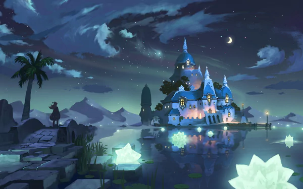 HD anime desktop wallpaper of a fantasy castle at night, reflecting in calm water under a cloud-filled sky. Glowing lotus flowers float nearby with a silhouetted figure standing on the stone path.