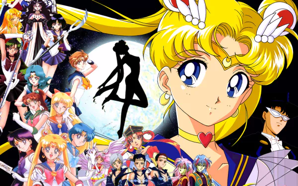 HD desktop wallpaper featuring various characters from the anime Sailor Moon, with a prominent image of Sailor Moon herself in the foreground and a silhouette of her iconic pose against the moon in the background.