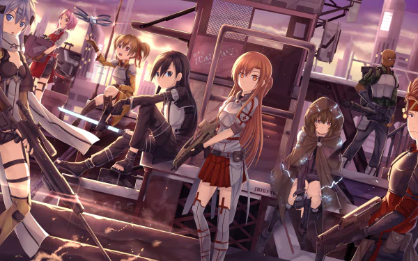 HD desktop wallpaper featuring characters from Sword Art Online II: Lisbeth, Argo, Silica, Agil, Klein, Sinon, Kirito, and Asuna in an action-packed scene.