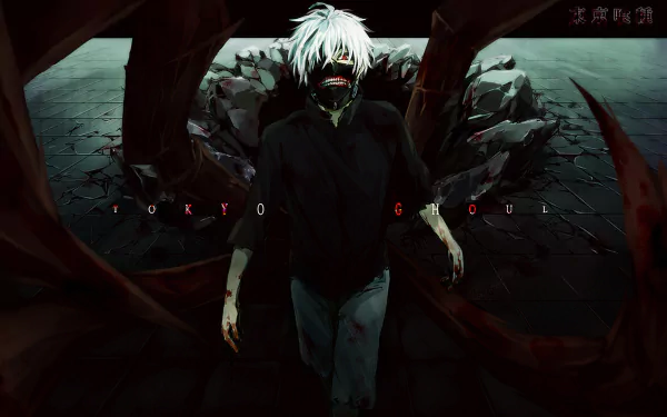 HD desktop wallpaper from Tokyo Ghoul featuring the character Ken Kaneki with white hair, red eyes, a mask, a zipper on the mask, and his kagune deployed.