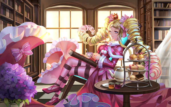 Beatrice from Re:ZERO lounges in a cozy library setting, surrounded by books and a tea set, showcasing her elegant pink dress and playful expression in this HD anime wallpaper.