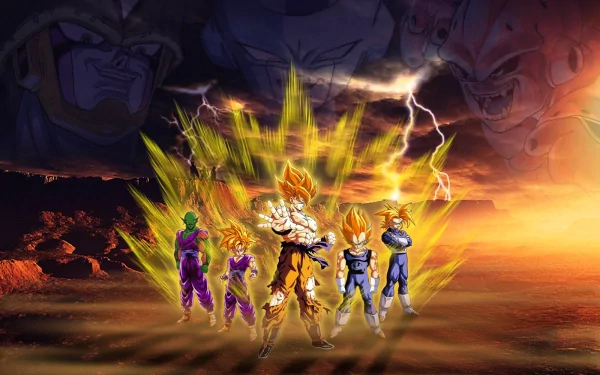 HD desktop wallpaper featuring Super Saiyan Goku, Gohan, Trunks, and Vegeta from Dragon Ball Z, with Cell, Frieza, and Majin Buu in the background.